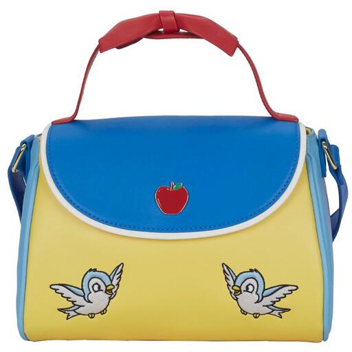 Yellow and blue crossbody bag with a red bow handle with details inspired by Snow White's dress.